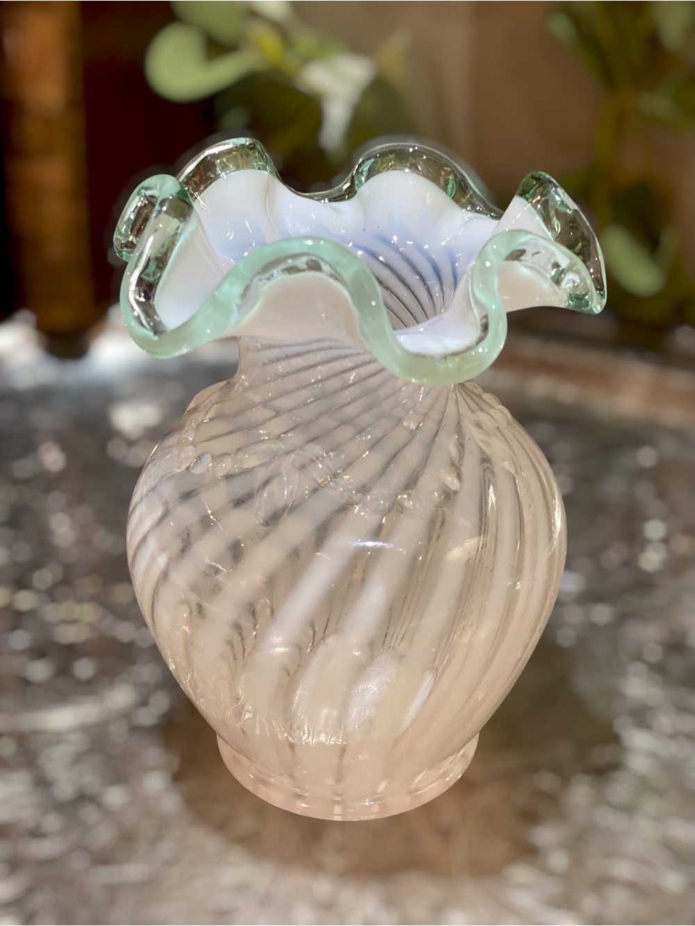 Vintage Fenton Signed Vase Mist Green Aqua Opalescent Swirl Ruffled Crest Rim